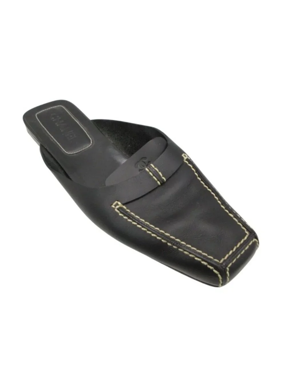 Chanel Sandals Leather Stitch Slip-on Shoes CC Logo Black